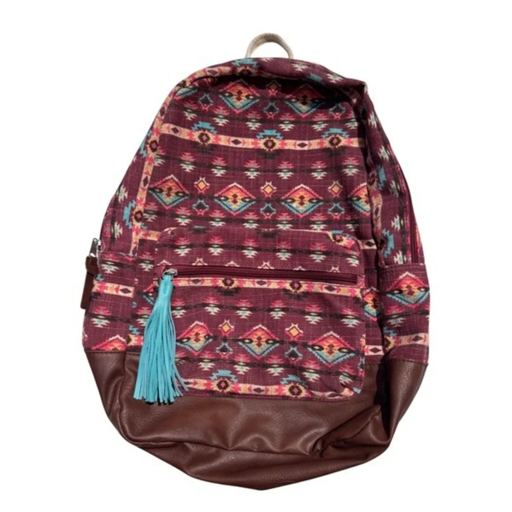 Southwestern Canvas Backpack Burgundy Brown Boho Multiple Pockets‎ Medium